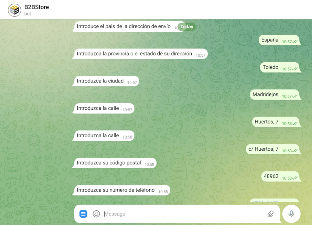 Chatboot B2BStore dirección seleccionada